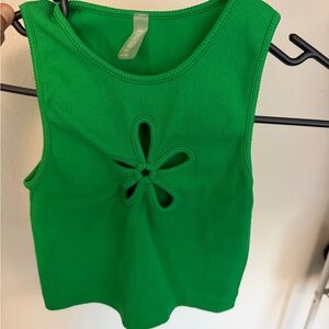 AND Bright Green Ribbed Tank with Flower Cutout